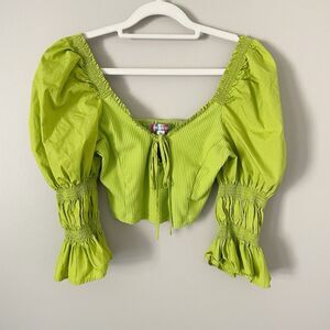 Urban Outfitters Size M Green Big Peasant Puff Sleeve Ribbed Cropped Top